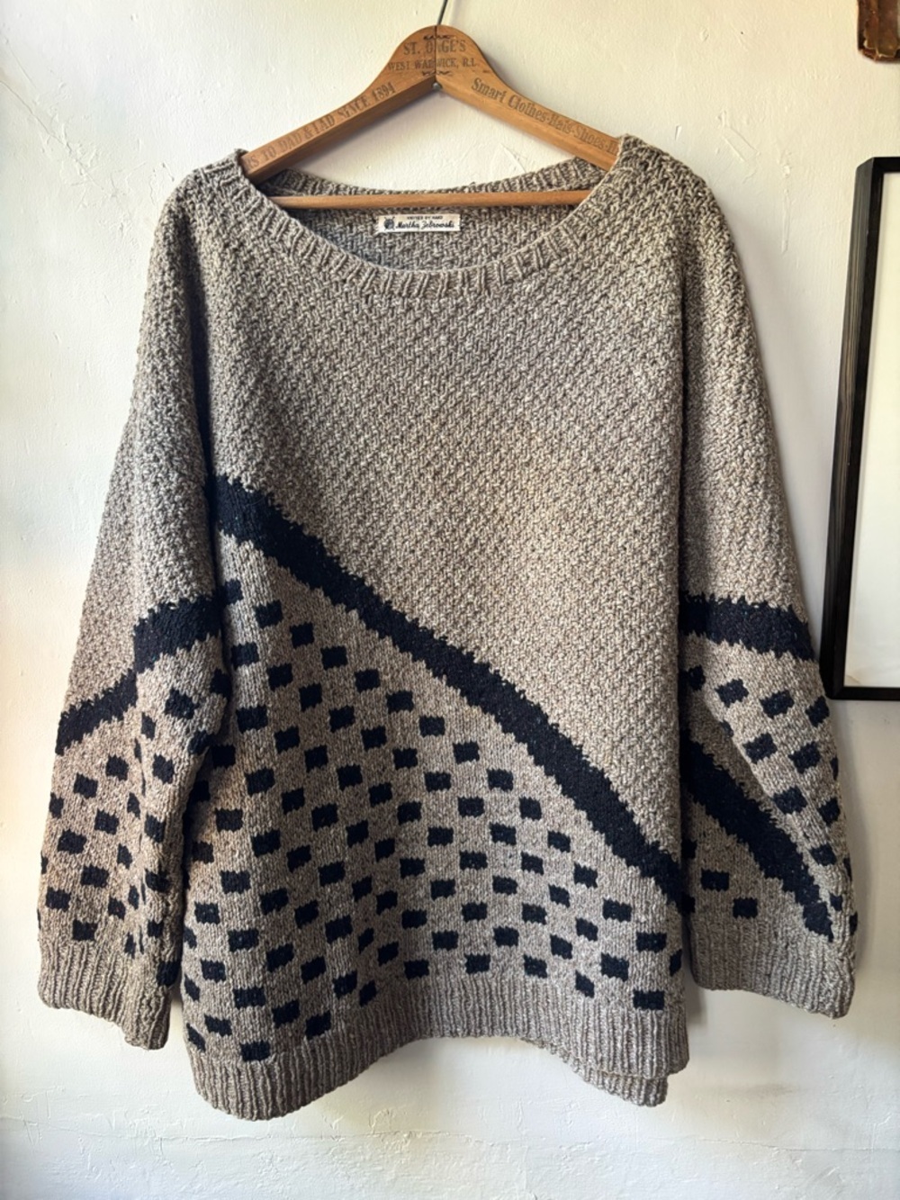 Vintage Handknit Oversized Chunky Sweater in Brown and Black Geometric Check